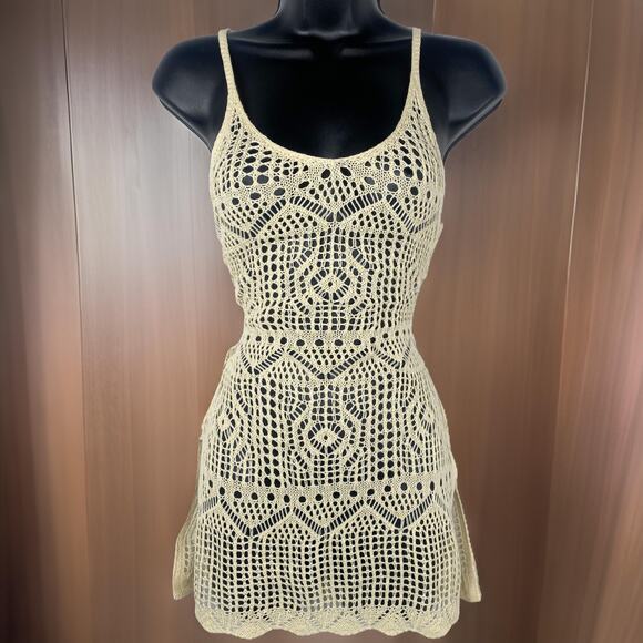 New Large Beige Knit Crochet Swimsuit Cover Up Mini Dress Slit Beach White Ivory - Picture 2 of 5